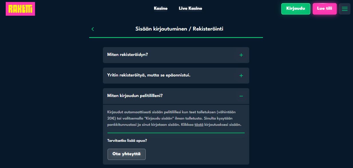 Hitta svar på vanliga frågor om Raketti registrering